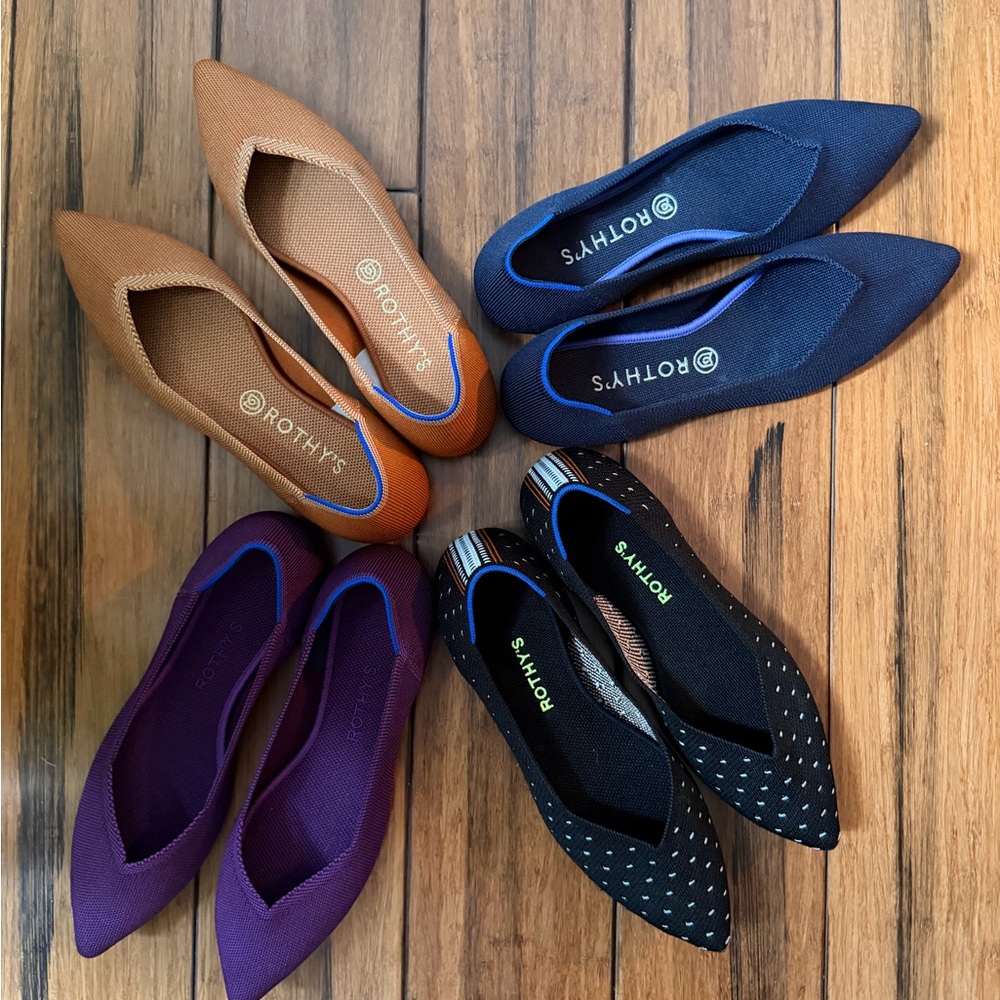 Rothy's Pointed Knit Flats in Navy, Purple, Tan, and Black Dot (All 4 pairs)